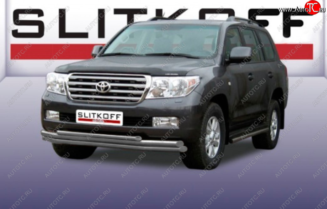 15 899 р. Защита переднего бампера Slitkoff (Ø 57+Ø 57+Ø 42, тройная).  Toyota Land Cruiser  200 (2007-2012) дорестайлинг (Сталь с полимерным покрытием. Цвет: серебристый)  с доставкой в г. Майкоп