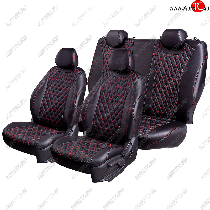 14 999 р. Чехлы для сидений Lord Autofashion Байрон (экокожа, спинка и сиденье 60/40, 3 Г-образных подголовника)  Toyota Land Cruiser Prado  J150 (2009-2013) дорестайлинг (Черный, вставка черная, строчка красная)  с доставкой в г. Майкоп