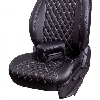 19 649 р. Чехлы для сидений Lord Autofashion Байрон (экокожа, 60/40, подлокотник, 3 Г-образных подголовника) Toyota RAV4 XA50 5 дв. дорестайлинг (2018-2025) (Черный, вставка черная, строчка бежевая)  с доставкой в г. Майкоп. Увеличить фотографию 6