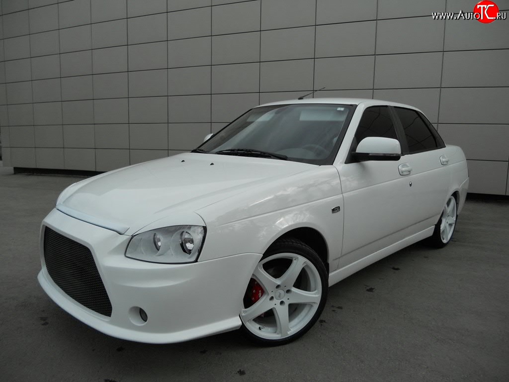9 399 р. Передний бампер Lancer Style Лада Приора 2172 хэтчбек дорестайлинг (2008-2014) (Неокрашенный)  с доставкой в г. Майкоп