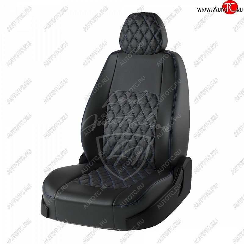 9 449 р. Чехлы для сидений рестайл Lord Autofashion Турин Ромб (экокожа) Лада Приора 2172 хэтчбек дорестайлинг (2008-2014) (Черный, вставка черная, строчка синяя)  с доставкой в г. Майкоп
