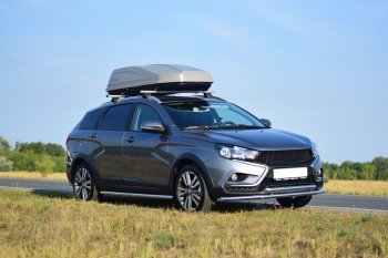 Защита порогов из трубы Ø51 Cross Petroil Tuning Лада Веста SW 2181 универсал дорестайлинг (2017-2022) (Нержавеющая полированная сталь)