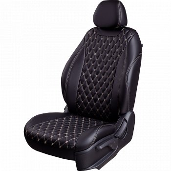 13 949 р. Чехлы для сидений Lord Autofashion Байрон (экокожа, 60/40, подлокотник, 3 Г-образных подголовника)  Volkswagen Jetta  A6 (2011-2018) седан дорестайлинг, седан рестайлинг (Черный, вставка черная, строчка бежевая)  с доставкой в г. Майкоп. Увеличить фотографию 2