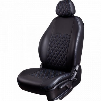 Чехлы для сидений Lord Autofashion Турин Ромб (экокожа, спинка 60/40, подлокотник, отдельный бок, 2 Г-образных подголовника) Volkswagen Passat ( B5,  B5.5) (1996-2005) седан дорестайлинг, универсал дорестайлинг, седан рестайлинг, универсал рестайлинг (Черный, вставка черная, строчка синяя)