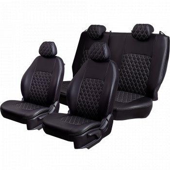 Чехлы для сидений Lord Autofashion Турин Ромб (экокожа, сплошная спинка, подлокотник, 2 П- и 1 Г-образных подголовника) Volkswagen Polo  5 (2009-2020) седан дорестайлинг, хэтчбек дорестайлинг, седан рестайлинг, хэтчбек рестайлинг (Черный, вставка черная, строчка серая)