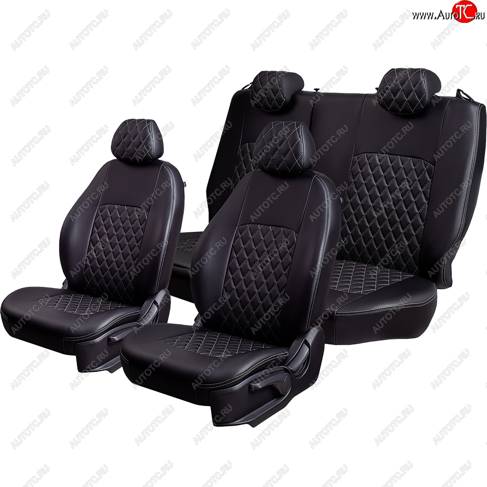 9 449 р. Чехлы для сидений Lord Autofashion Турин Ромб (экокожа, сплошная спинка, подлокотник, 2 П- и 1 Г-образных подголовника) Volkswagen Polo 5 седан рестайлинг (2015-2020) (Черный, вставка черная, строчка серая)  с доставкой в г. Майкоп