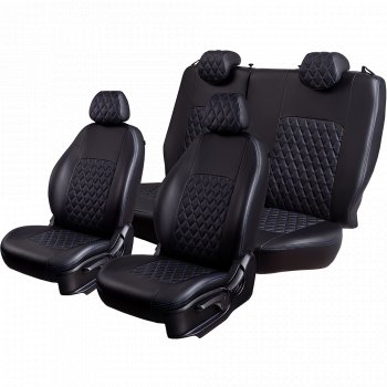 9 449 р. Чехлы для сидений Lord Autofashion Турин Ромб (экокожа, сплошная спинка, подлокотник, 2 П- и 1 Г-образных подголовника)  Volkswagen Polo  5 (2009-2020) седан дорестайлинг, хэтчбек дорестайлинг, седан рестайлинг, хэтчбек рестайлинг (Черный, вставка черная, строчка синяя)  с доставкой в г. Майкоп. Увеличить фотографию 2