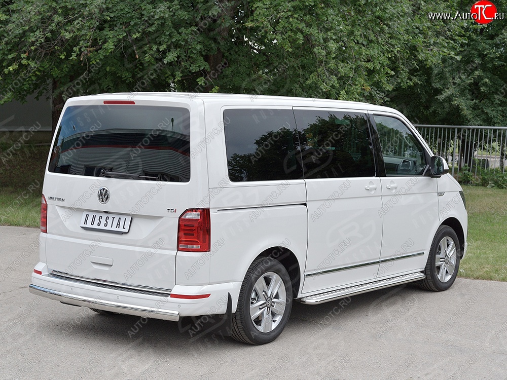 11 599 р. Защита заднего бампера (Ø75x42 мм, нержавейка, короткая база) Russtal Volkswagen Transporter T6 дорестайлинг (2015-2019)  с доставкой в г. Майкоп