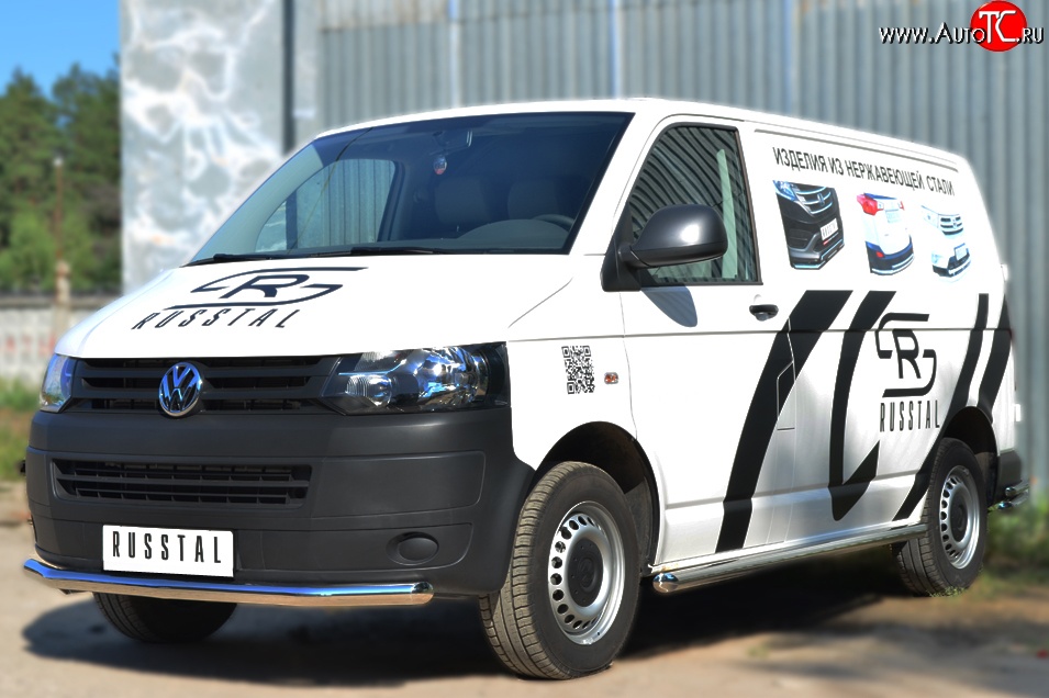 71 999 р. Левая защита порогов из круглой трубы диаметром 63 мм Russtal Volkswagen Transporter T6 дорестайлинг (2015-2019) (Защита порогов с со скосами на торцах (вариант 1))  с доставкой в г. Майкоп