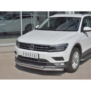 14 649 р. Защита переднего бампера (2 трубы Ø63 и 75х42 мм, нержавейка) Russtal Volkswagen Tiguan Mk2 дорестайлинг (2016-2020)  с доставкой в г. Майкоп. Увеличить фотографию 2