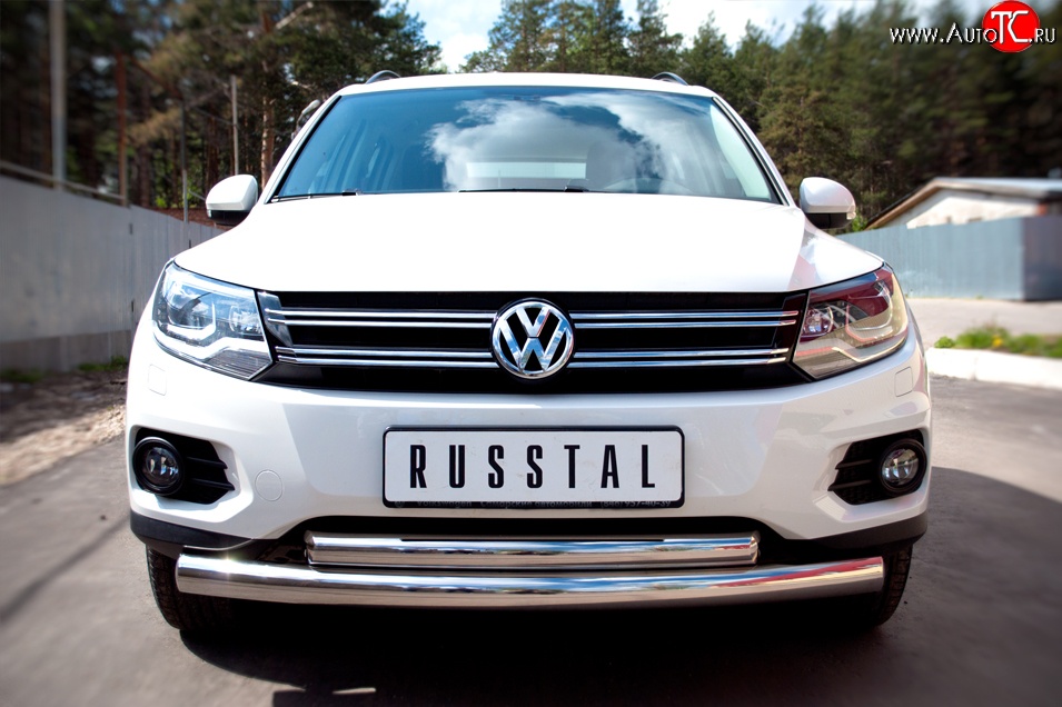 20 349 р. Защита переднего бампера (2 трубыØ76 и 63 мм, нержавейка, Track & Field) SLITKOFF Volkswagen Tiguan NF рестайлинг (2011-2017)  с доставкой в г. Майкоп