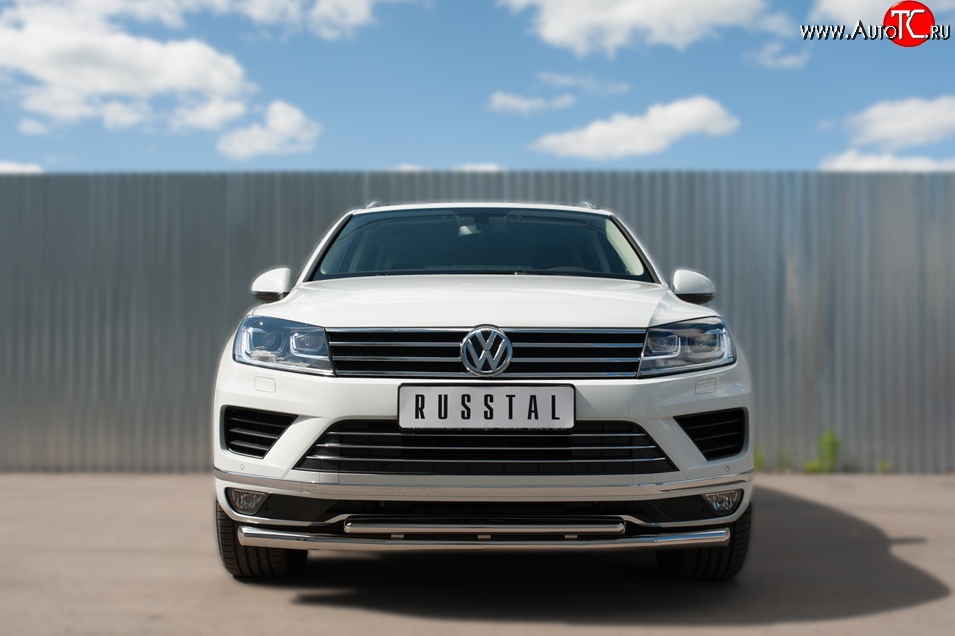 26 099 р. Защита переднего бампера (2 трубыØ63 и 42 мм, нержавейка) SLITKOFF  Volkswagen Touareg  NF (2014-2018) рестайлинг  с доставкой в г. Майкоп