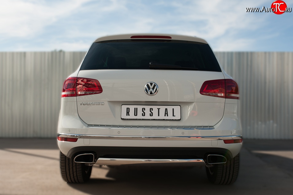 13 999 р. Защита заднего бампера (Ø75x42 мм, нержавейка) Russtal Volkswagen Touareg NF рестайлинг (2014-2018)  с доставкой в г. Майкоп