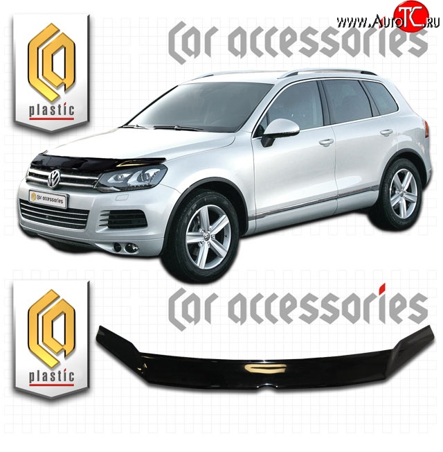 2 399 р. Дефлектор капота CA Plastic exclusive Volkswagen Touareg NF рестайлинг (2014-2018) (Classic черный, Без надписи)  с доставкой в г. Майкоп