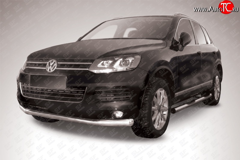 17 899 р. Одинарная защита переднего бампера диаметром 76 мм Slitkoff Volkswagen Touareg NF дорестайлинг (2010-2014) (Цвет: нержавеющая полированная сталь)  с доставкой в г. Майкоп