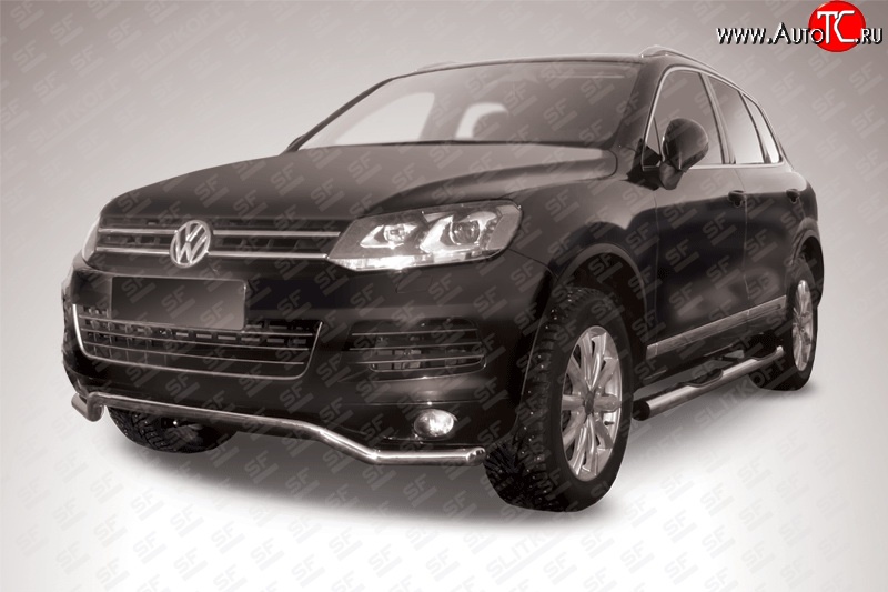 15 999 р. Защита переднего бампера из фигурной трубы диаметром 57 мм Slitkoff  Volkswagen Touareg  NF (2010-2014) дорестайлинг (Цвет: нержавеющая полированная сталь)  с доставкой в г. Майкоп