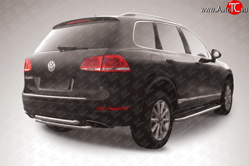 9 999 р. Двойная защита заднего бампера из труб диаметрами по 57 мм Slitkoff  Volkswagen Touareg  NF (2010-2014) дорестайлинг (Цвет: нержавеющая полированная сталь)  с доставкой в г. Майкоп